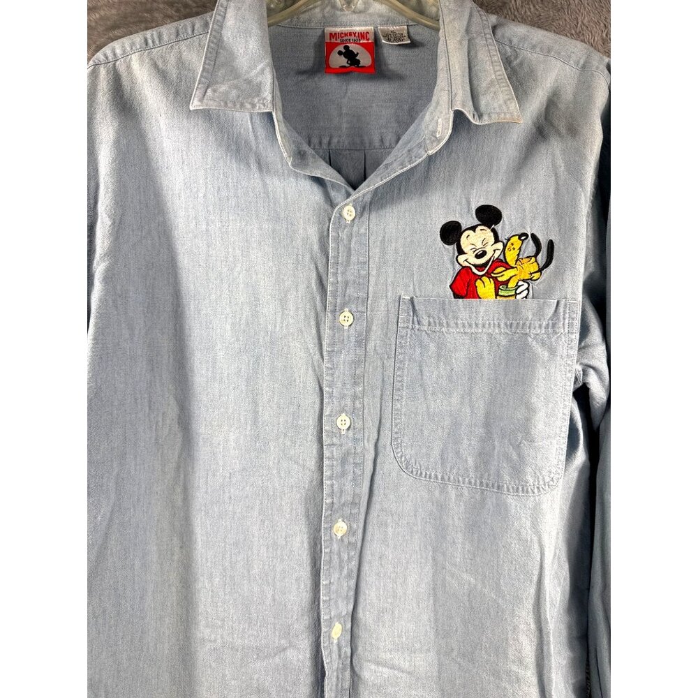 Mickey Inc. Vintage Shirt XL Denim Button-Up Shirt With Mickey & Pluto Embroider - Picture 9 of 12